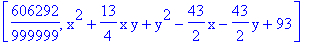 [606292/999999, x^2+13/4*x*y+y^2-43/2*x-43/2*y+93]